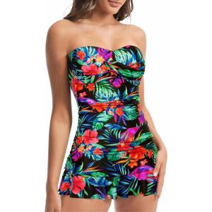 imageHolipick Womens Tummy Control One Piece Swim Dress Strapless Swimsuit Bandeau Skirted Bathing SuitsColorful Floral