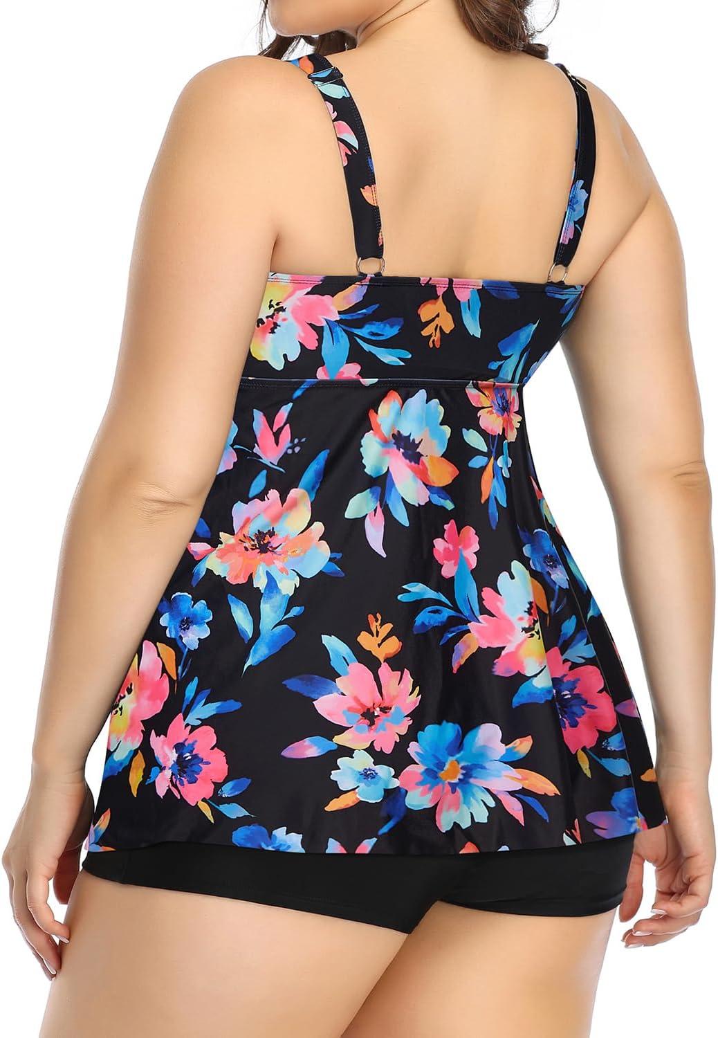 imageHolipick Plus Size 2 Piece Swimsuit  Women Tankini Bathing Suits Flowy Swim Top with Boy ShortsColorful Floral