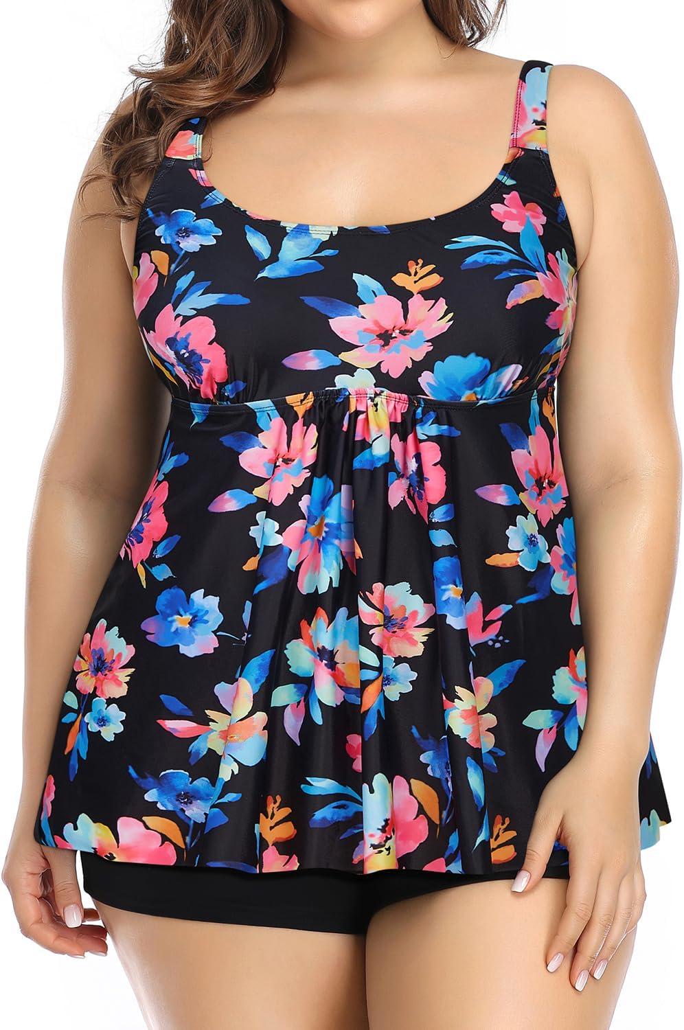 imageHolipick Plus Size 2 Piece Swimsuit  Women Tankini Bathing Suits Flowy Swim Top with Boy ShortsColorful Floral