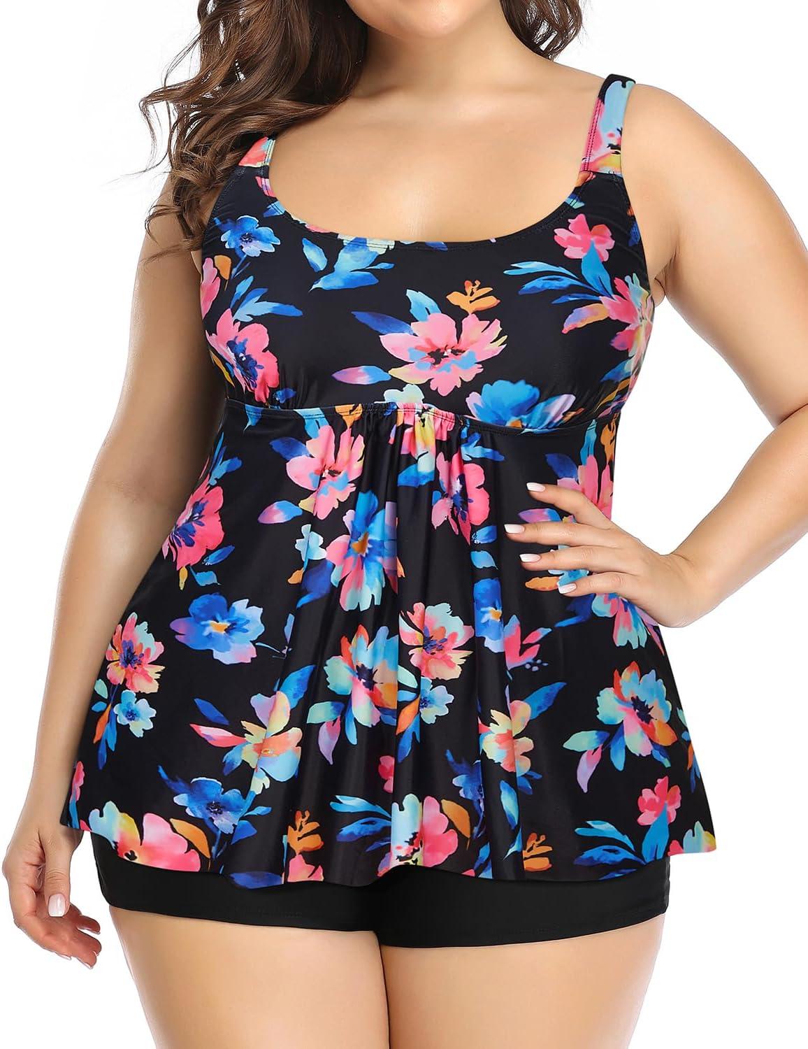 imageHolipick Plus Size 2 Piece Swimsuit  Women Tankini Bathing Suits Flowy Swim Top with Boy ShortsColorful Floral