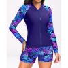 imageHolipick Long Sleeve Swimsuits for Women  3 Piece Rash Guard with Shorts Zipper SPF Swim Shirt with Built in BraBlue and Purple Leaves