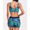 imageHolipick Long Sleeve Swimsuits for Women  3 Piece Rash Guard with Shorts Zipper SPF Swim Shirt with Built in BraGreen Leaves