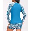 imageHolipick Long Sleeve Swimsuits for Women  3 Piece Rash Guard with Shorts Zipper SPF Swim Shirt with Built in BraLight Blue Leaves