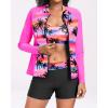 imageHolipick Long Sleeve Swimsuits for Women  3 Piece Rash Guard with Shorts Zipper SPF Swim Shirt with Built in BraPink Palm Tree