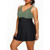 imageHolipick Plus Size Swim Dress Women  One Piece Swimsuit with Skirt V Neck Tummy Control Bathing SuitOlive Green and Black