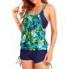 imageHolipick Tankini Swimsuits Two Piece Tummy Control Bathing Suits Blouson Swim Tank Top with Boy ShortsBlue Green Leaves