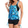 imageHolipick Tankini Swimsuits Two Piece Tummy Control Bathing Suits Blouson Swim Tank Top with Boy ShortsBlue Leaves