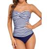 imageHolipick Tummy Control Tankini Swimsuits for Women Bandeau Swimsuits Twist Strapless Tankini Top with Bikini BottomsBlue Striped