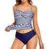 imageHolipick Tummy Control Tankini Swimsuits for Women Bandeau Swimsuits Twist Strapless Tankini Top with Bikini BottomsBlue Striped