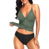 imageHolipick Tummy Control Two Piece Tankini Set Swimsuits for Women V Neck Tankini Top Bathing Suits with Swim BottomArmy Green