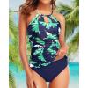 imageHolipick Two Piece Tankini Bathing Suits for Women Tummy Control Swimsuits High Neck Swim Tankini Top with Bikini BottomBlue Leaf