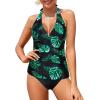 imageHolipick Two Piece Tankini Bathing Suits for Women Tummy Control Swimsuits Sexy V Neck Halter Tankini Top with Bikini BottomBlack Green Leaf