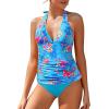 imageHolipick Two Piece Tankini Bathing Suits for Women Tummy Control Swimsuits Sexy V Neck Halter Tankini Top with Bikini BottomBlue With Pink Floral