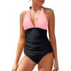 imageHolipick Two Piece Tankini Bathing Suits for Women Tummy Control Swimsuits Sexy V Neck Halter Tankini Top with Bikini BottomPink Black