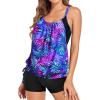 imageHolipick Two Piece Tankini Swimsuits for Women Tummy Control Bathing Suit Blouson Tankini Top with Sporty Boy Shorts 2025Blue Purple Leaves