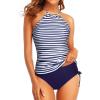 imageHolipick Two Piece Tankini Swimsuits for Women Tummy Control Bathing Suits Halter Tankini Top with Bikini BottomBlue Striped