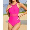 imageHolipick Women High Neck One Piece Swimsuit Mesh Bathing Suit Full Coverage SwimwearHot Pink