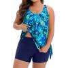 imageHolipick Women Plus Size Swimsuit Tummy Control Tankini Two Piece Bathing Suits Blouson Top with Boy ShortsBlue Leaves Wide Straps
