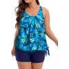 imageHolipick Women Plus Size Swimsuit Tummy Control Tankini Two Piece Bathing Suits Blouson Top with Boy ShortsBlue Leaves Wide Straps