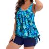 imageHolipick Women Plus Size Swimsuit Tummy Control Tankini Two Piece Bathing Suits Blouson Top with Boy ShortsBlue Leaves Wide Straps