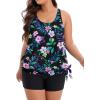 imageHolipick Women Plus Size Swimsuit Tummy Control Tankini Two Piece Bathing Suits Blouson Top with Boy ShortsFloral Wide Straps