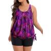 imageHolipick Women Plus Size Swimsuit Tummy Control Tankini Two Piece Bathing Suits Blouson Top with Boy ShortsPurple Leaf