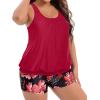 imageHolipick Women Plus Size Swimsuit Tummy Control Tankini Two Piece Bathing Suits Blouson Top with Boy ShortsRed Floral Wide Straps
