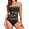 imageHolipick Women Strapless Bandeau One Piece Swimsuits Sexy Mesh Cutout Bathing Suits Tummy Control SwimwearBlack With Gold