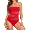 imageHolipick Women Strapless Bandeau One Piece Swimsuits Sexy Mesh Cutout Bathing Suits Tummy Control SwimwearNew Red
