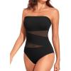 imageHolipick Women Strapless One Piece Swimsuit Tummy Control Bandeau Bathing Suit Mesh Cutout SwimwearBlack With Mesh