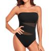 imageHolipick Women Strapless One Piece Swimsuit Tummy Control Bandeau Bathing Suit Mesh Cutout SwimwearBlack With Mesh