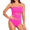 imageHolipick Women Strapless One Piece Swimsuit Tummy Control Bandeau Bathing Suit Mesh Cutout SwimwearHot Pink With Mesh