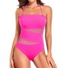 imageHolipick Women Strapless One Piece Swimsuit Tummy Control Bandeau Bathing Suit Mesh Cutout SwimwearHot Pink With Mesh