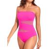 imageHolipick Women Strapless One Piece Swimsuit Tummy Control Bandeau Bathing Suit Mesh Cutout SwimwearHot Pink With Mesh