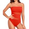 imageHolipick Women Strapless One Piece Swimsuit Tummy Control Bandeau Bathing Suit Mesh Cutout SwimwearRed With Red Mesh
