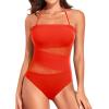 imageHolipick Women Strapless One Piece Swimsuit Tummy Control Bandeau Bathing Suit Mesh Cutout SwimwearRed With Red Mesh