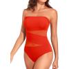 imageHolipick Women Strapless One Piece Swimsuit Tummy Control Bandeau Bathing Suit Mesh Cutout SwimwearRed With Red Mesh