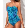 imageHolipick Women Strapless One Piece Swimsuits Tummy Control Bandeau Bathing Suits Retro Slimming SwimwearBlue Leaves