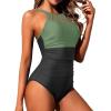 imageHolipick Women Tummy Control One Piece Swimsuit Modest Bathing Suit Full Coverage High Neck SwimwearGreen and Black