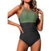 imageHolipick Women Tummy Control One Piece Swimsuit Modest Bathing Suit Full Coverage High Neck SwimwearGreen and Black