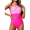 imageHolipick Women Tummy Control One Piece Swimsuit Modest Bathing Suit Full Coverage High Neck SwimwearPink Color Block
