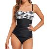 imageHolipick Tummy Control Tankini Swimsuits for Women Bandeau Swimsuits Twist Strapless Tankini Top with Bikini BottomsStripe Black