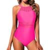 imageHolipick Women High Neck One Piece Swimsuit Mesh Bathing Suit Full Coverage SwimwearHot Pink