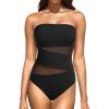 imageHolipick Women Strapless One Piece Swimsuit Tummy Control Bandeau Bathing Suit Mesh Cutout SwimwearBlack With Mesh