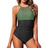imageHolipick Women Tummy Control One Piece Swimsuit Modest Bathing Suit Full Coverage High Neck SwimwearGreen and Black