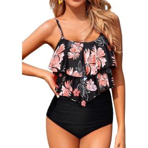 imageHolipick High Waisted Tankini Swimsuits for Women Ruffle Tops with Tummy Control Bottom Two Piece Bathing SuitBlack Floral