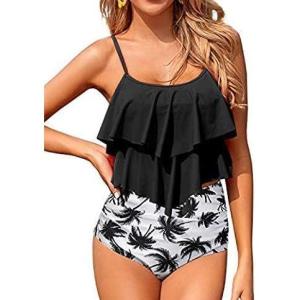 imageHolipick High Waisted Tankini Swimsuits for Women Ruffle Tops with Tummy Control Bottom Two Piece Bathing SuitBlack Palm
