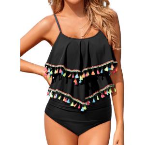 imageHolipick High Waisted Tankini Swimsuits for Women Ruffle Tops with Tummy Control Bottom Two Piece Bathing SuitBlack Tassel