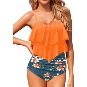 imageHolipick High Waisted Tankini Swimsuits for Women Ruffle Tops with Tummy Control Bottom Two Piece Bathing SuitOrange Flowers