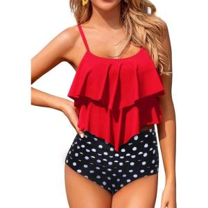 imageHolipick High Waisted Tankini Swimsuits for Women Ruffle Tops with Tummy Control Bottom Two Piece Bathing SuitRed Black Dot